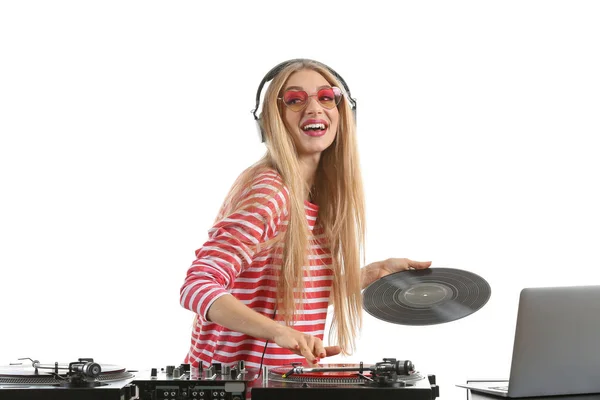 Femenino Tocando Música Sobre Fondo Blanco — Foto de Stock