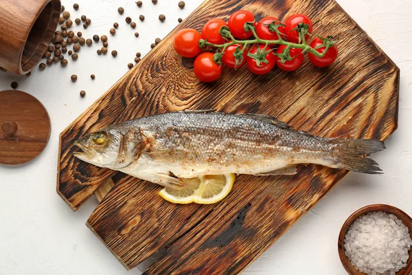 Wooden Board Tasty Cooked Seabass Fish White Background — Stock Photo, Image