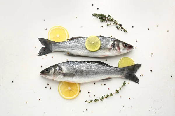 Tasty Fresh Seabass Fish Spices White Background — Stock Photo, Image