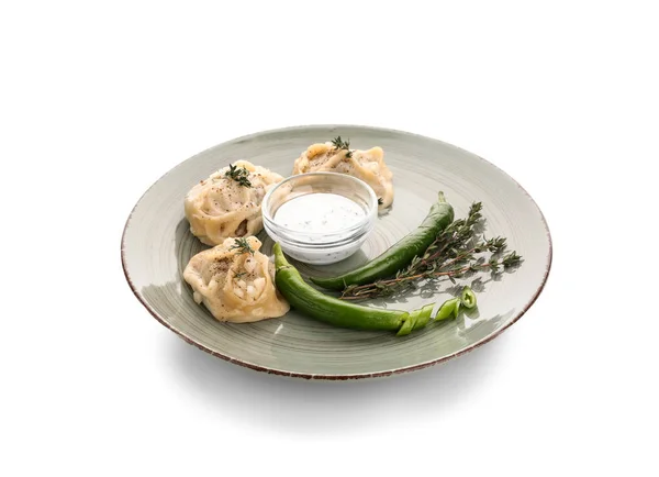 Plate Tasty Dumplings Sauce White Background — Stock Photo, Image