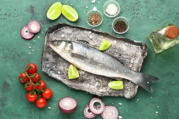 Plate Tasty Fresh Seabass Fish Color Background — Stock Photo, Image