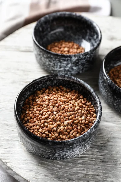 Bowls Raw Buckwheat Table — Stock Photo, Image