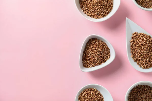 Bowls Plate Raw Buckwheat Color Background — Stock Photo, Image