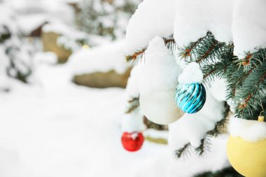 Süslenen karlı köknar ağacı açık havada