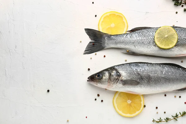 Tasty Fresh Seabass Fish Spices White Background — Stock Photo, Image