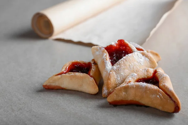 Hamantaschen Purim Holiday Scroll Esther Table — Stock Photo, Image