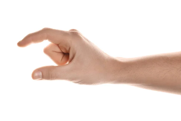 Αρσενική Χέρι Που Κρατά Κάτι Λευκό Φόντο — Φωτογραφία Αρχείου