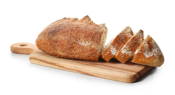 Deska Řezu Bochníku Čerstvého Chleba Bílém Pozadí — Stock fotografie