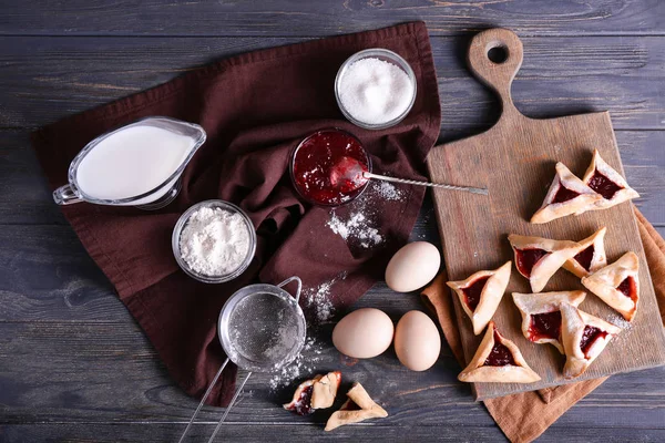 Composition Tasty Hamantaschen Purim Holiday Wooden Background — Stock Photo, Image