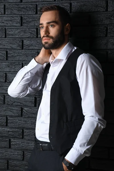 Handsome Fashionable Man Dark Brick Wall — Stock Photo, Image