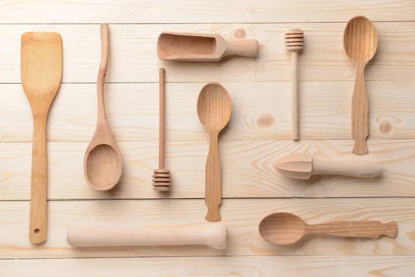 Set Kitchen Utensils Wooden Background — Stock Photo, Image