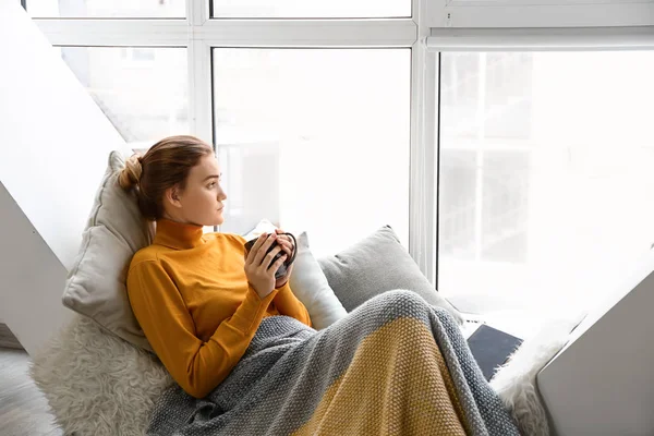 Young Woman Drinking Hot Coffee Window — Stock Photo, Image