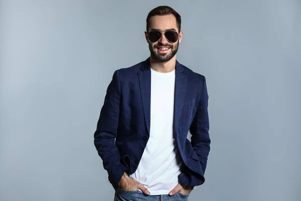 Handsome Fashionable Man Grey Background — Stock Photo, Image