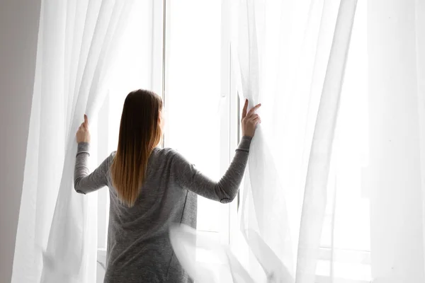 Young Woman Opening Curtains Morning — Stock Photo, Image