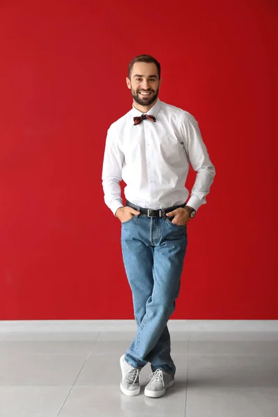 Handsome Fashionable Man Color Wall — Stock Photo, Image