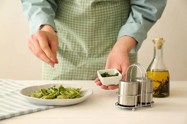 Chef Sprinkling Tasty Ravioli Plate Herbs — Stock Photo, Image