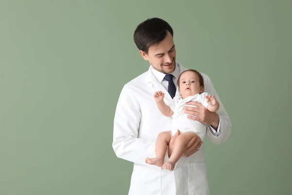 Pediatrician Cute Little Baby Color Background — Stock Photo, Image