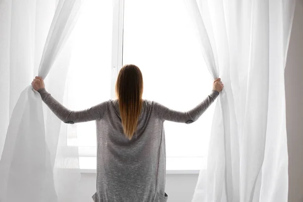 Young Woman Opening Curtains Morning — Stock Photo, Image