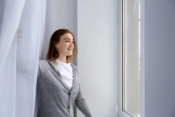 Young Woman Window Home — Stock Photo, Image