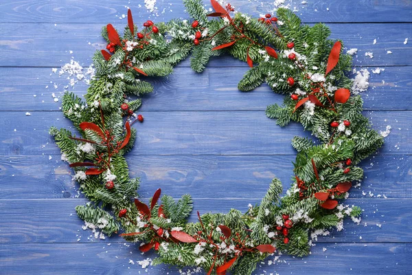 Christmas Wreath Wooden Background — Stock Photo, Image