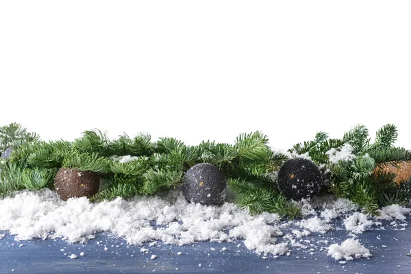 Snow Balls Fir Tree Branches Wooden Table White Background — Stock Photo, Image