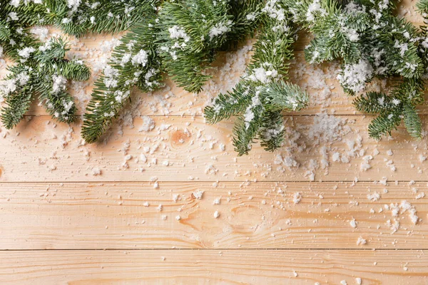 Fir Tree Branches Snow Wooden Table — Stock Photo, Image