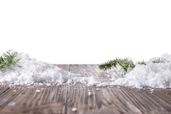 Cold Snow Fir Tree Branches Wooden Table White Background — Stock Photo, Image