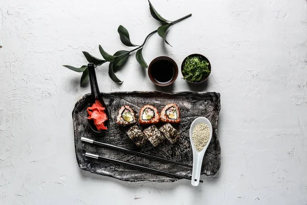 Plate Tasty Sushi Rolls White Table — Stock Photo, Image