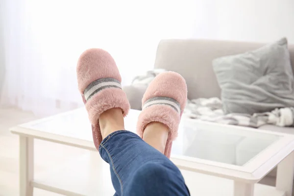 Young Woman Slippers Resting Home — Stock Photo, Image