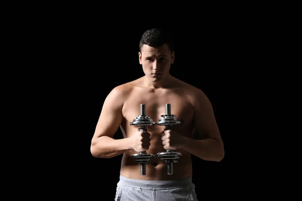 Sporty Young Man Training Dumbbells Dark Background — Stock Photo, Image