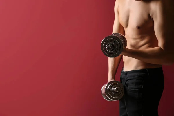 Sporty Young Man Dumbbells Color Background — Stock Photo, Image