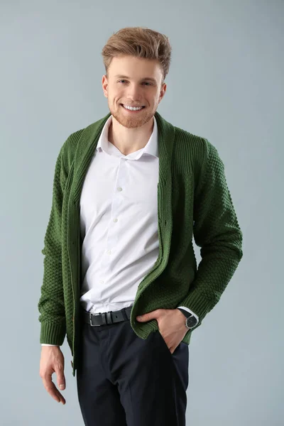 Fashionable Young Man Grey Background — Stock Photo, Image