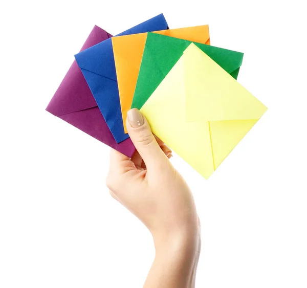 Female Hand Envelopes White Background — Stock Photo, Image