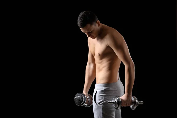 Sporty Young Man Training Dumbbells Dark Background — Stock Photo, Image