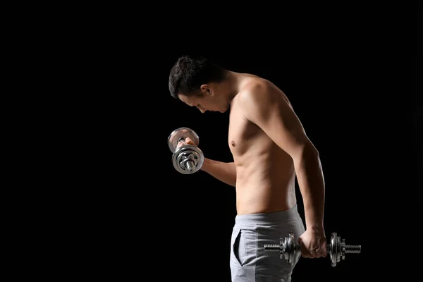 Sporty Young Man Training Dumbbells Dark Background — Stock Photo, Image