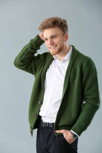 Fashionable Young Man Grey Background — Stock Photo, Image