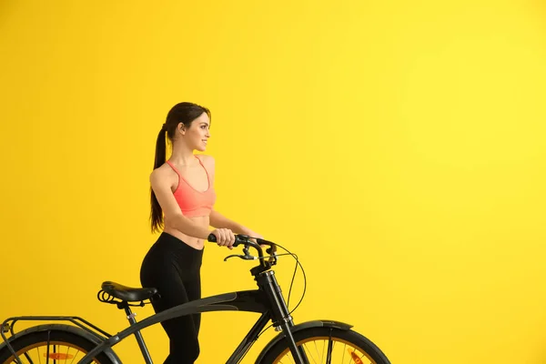 Sporty Young Woman Bicycle Color Background — Stock Photo, Image