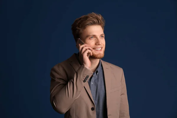 Fashionable Young Man Talking Phone Color Background — Stock Photo, Image