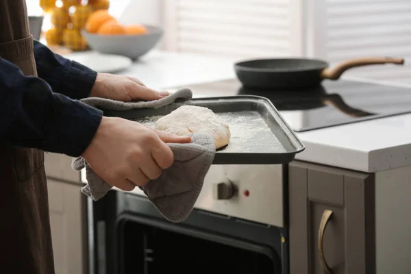 Woman Holding Baking Tray Raw Dough Bread Kitchen — Stock Photo, Image