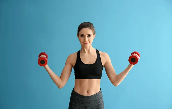 Sporty Young Woman Dumbbells Color Background — Stock Photo, Image