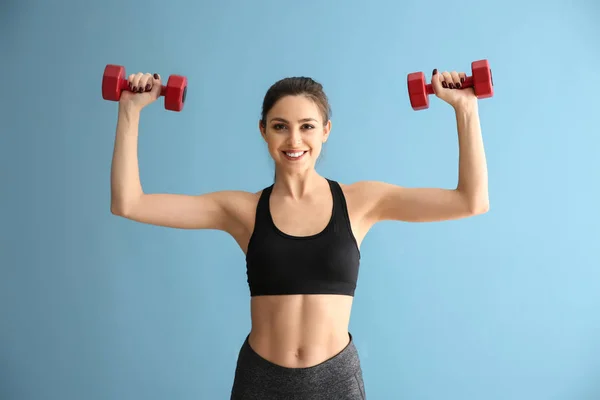 Sporty Young Woman Dumbbells Color Background — Stock Photo, Image