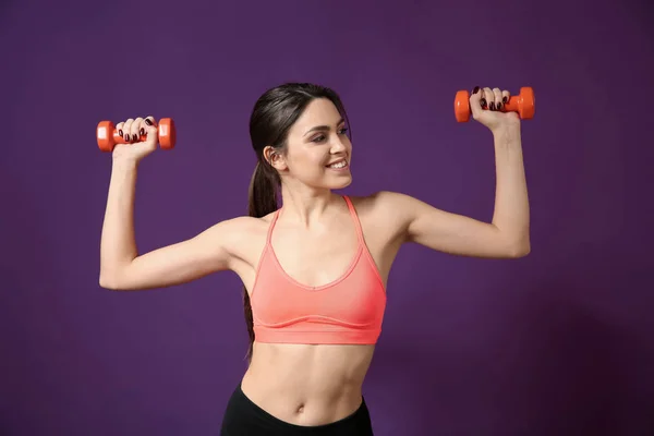 Sporty Young Woman Dumbbells Color Background — Stock Photo, Image