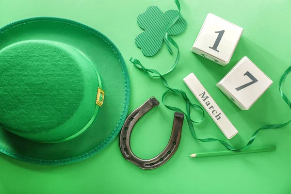 Leprechaun Hat Horseshoe Calendar Color Background Patrick Day Celebration — Stock Photo, Image