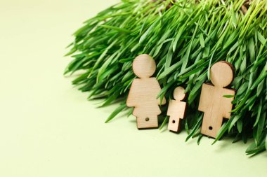 İle yeşil çimenlerin üzerinde açık renkli ahşap insan figürleri. Ekoloji kavramı