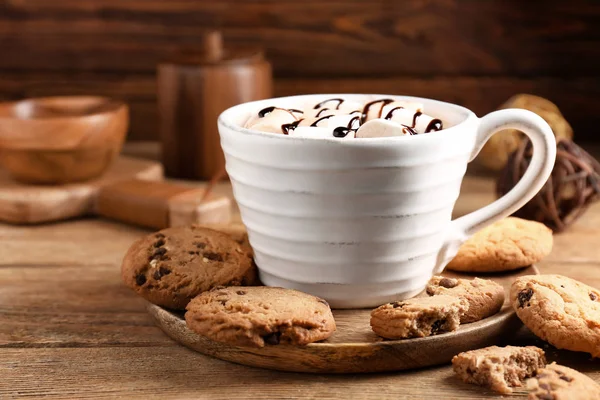 Tasse Heißen Kakao Mit Keksen Auf Holztisch — Stockfoto