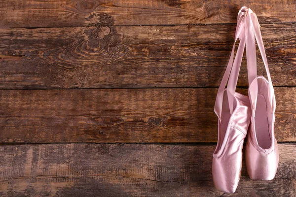 Hanging Ballet Shoes Wooden Background — Stock Photo, Image