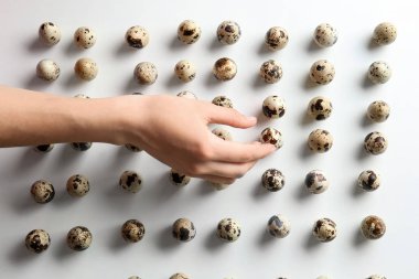 Beyaz arka plan üzerinde el ile çiğ Bıldırcın yumurta