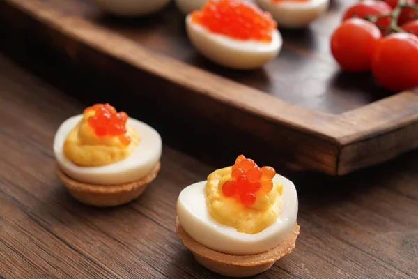 Tasty Deviled Eggs Wooden Table Closeup — Stock Photo, Image