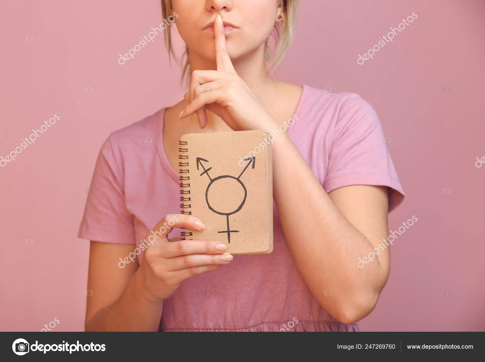 Woman Drawn Symbol Transgender Notebook Showing Silence Gesture Color