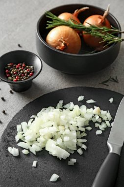 Çiğ soğan ve baharat gri tablo ile kayrak plaka